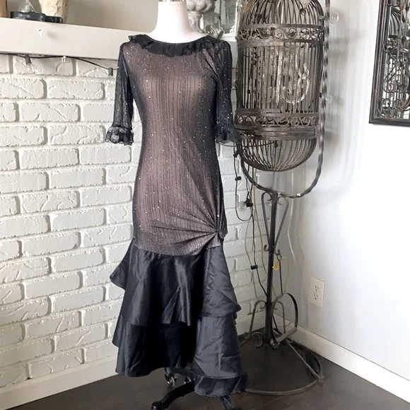 SHEIN | Dresses | Shein X Drkholoud Glitter Mesh Lace Trim Layered Ruffle  Hem Dress Lage Black | Poshmark